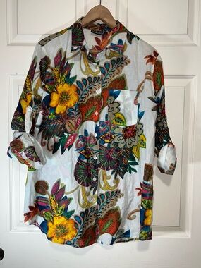 KikiSol White Floral Button-Down Shirt with Multicolor Print